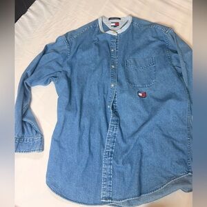 Vintage Tommy Jeans Denim Button Up Shirt Flag Logo 90s Band Collar L